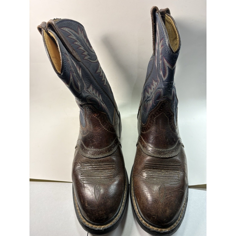 Ariat Western Boots Men 9.5EE Brown Blue Leather Round Steel Toe Cowboy Work